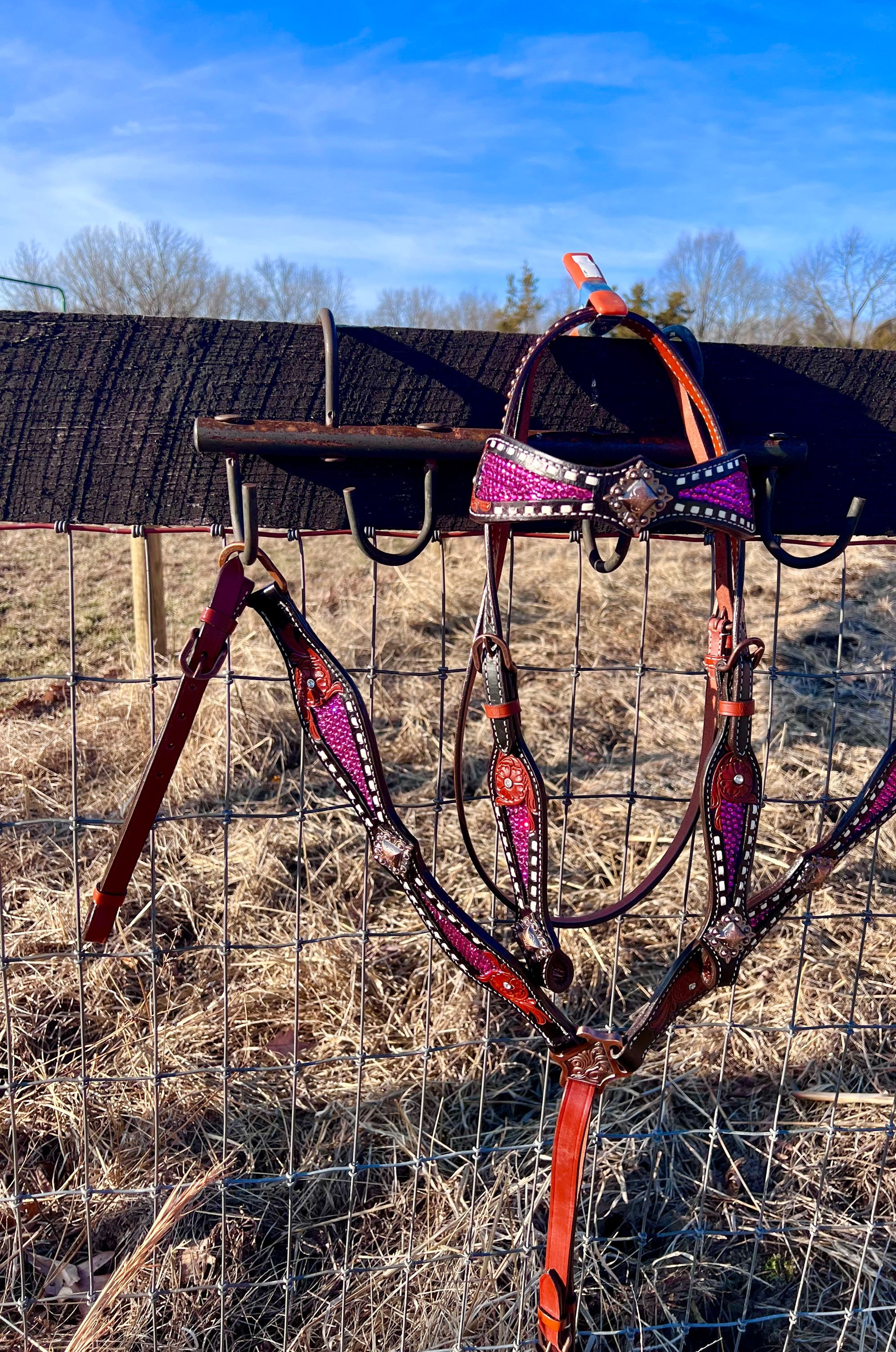 Pink Crystal Buckstitch Bling Bridle Breast Collar Set