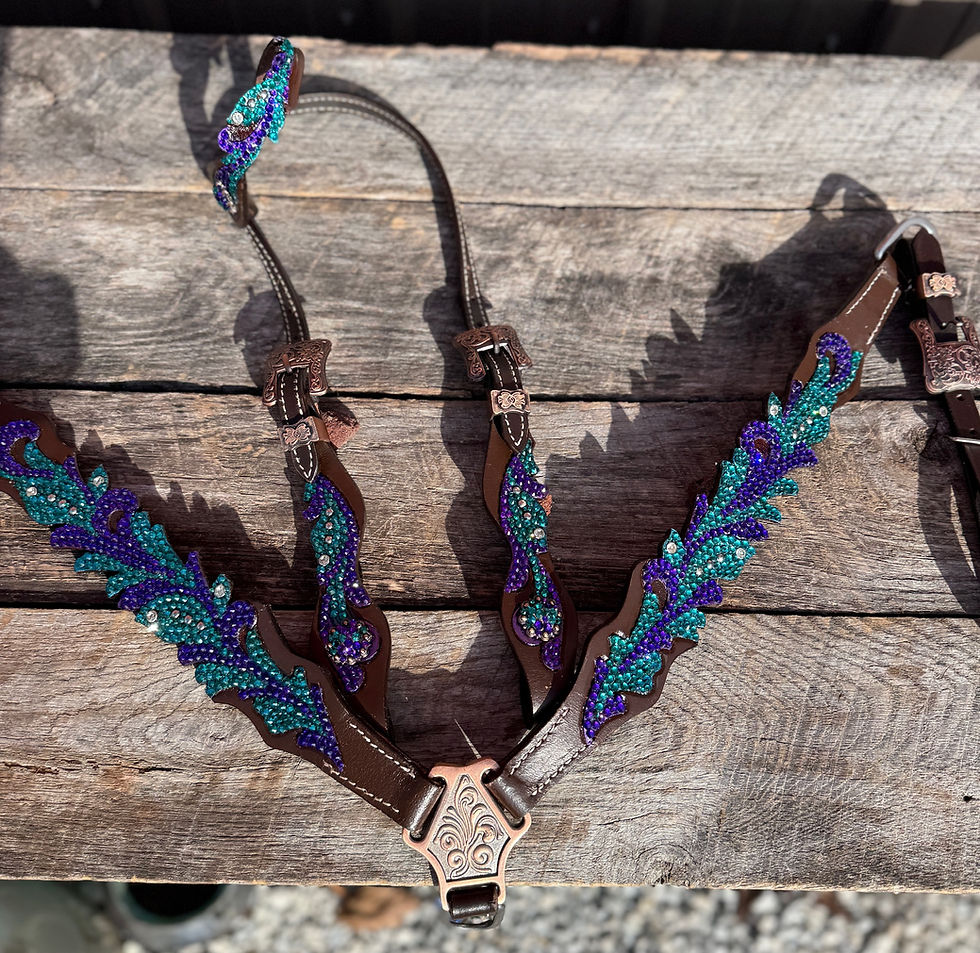 Thumbnail: Purple & Teal Turquoise Blue Crystal Rhinestone Bling Bridle Breast Collar Set