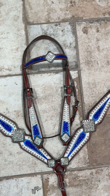 Thumbnail: Full Brow Sapphire Blue & Clear Crystal White Bridle Breast Collar Set