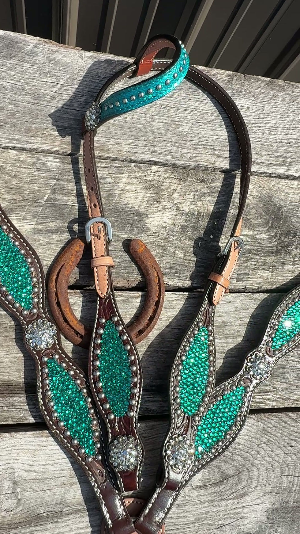 Thumbnail: One Ear Teal/Turquoise Green Bling Bridle Breast Collar Set 2 Tone Leather 