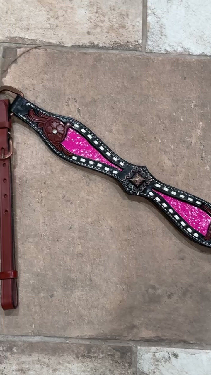 Thumbnail: Pink Alligator Inlay w White Buck Stitch Leather Breast Collar