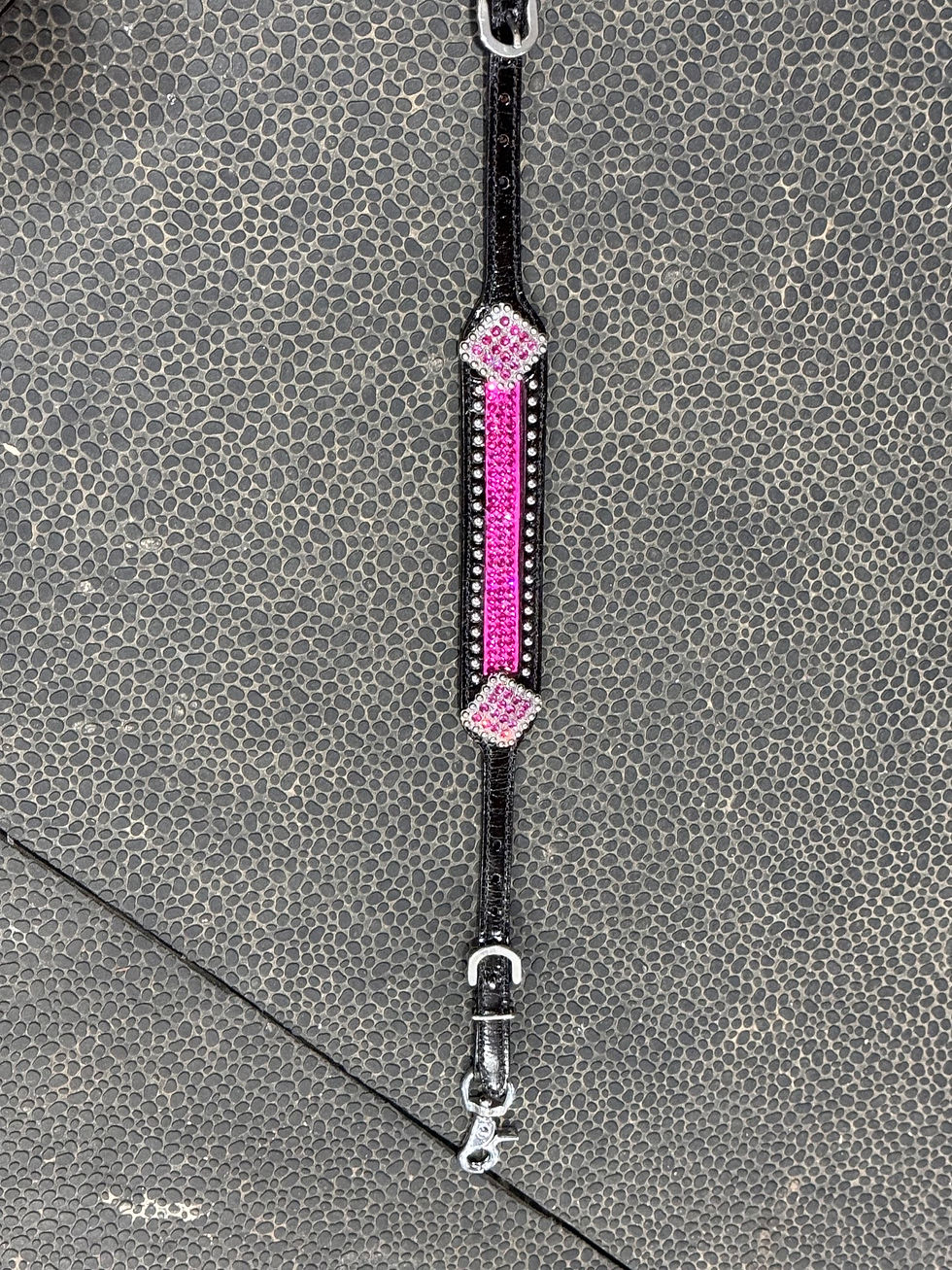 Thumbnail: Black Leather Pink Scalloped Crystal Bridle Breast Collar Wither Strap Set