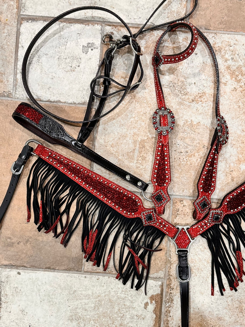 Thumbnail: Ruby Red Crystal Bridle Breast Collar Tie Down Set Fringe Black Leather