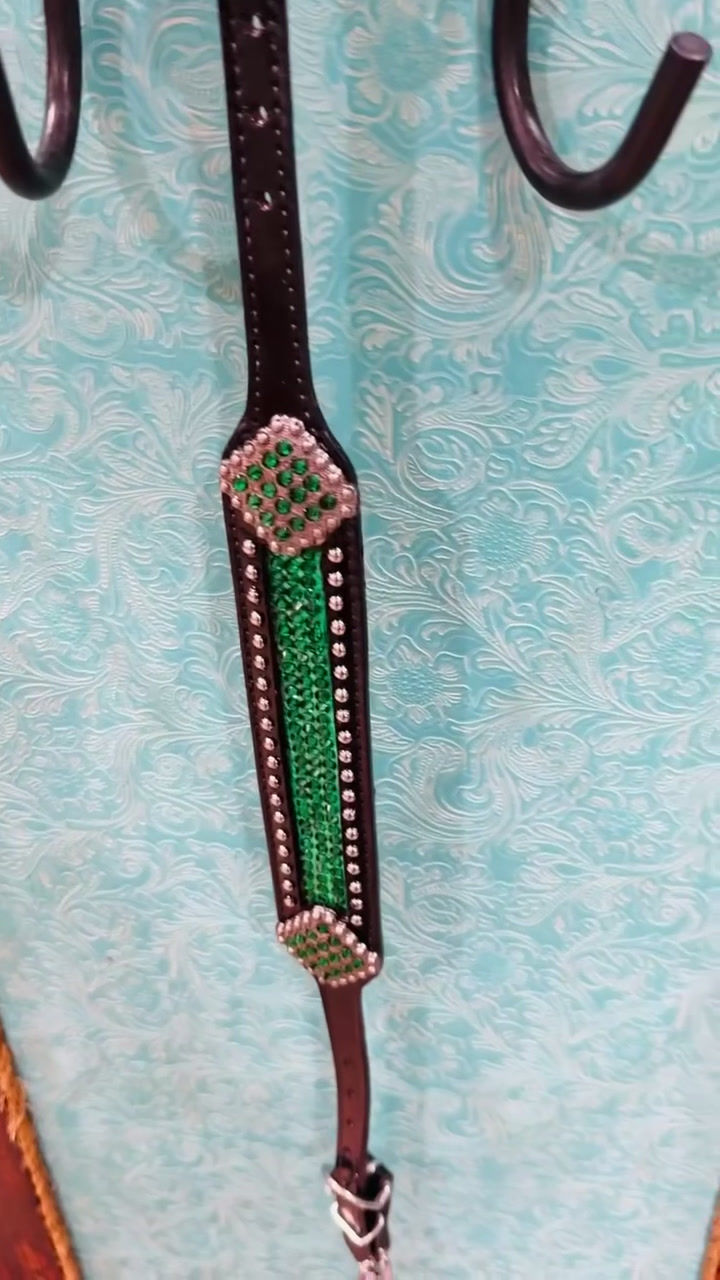Thumbnail: Black  Leather Emerald Green Crystal Bling Wither Strap