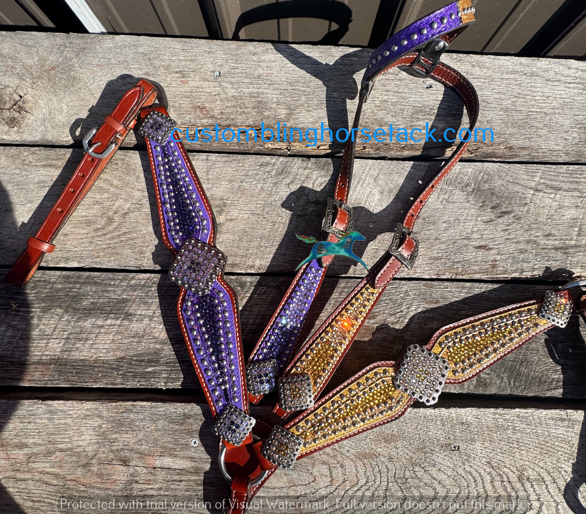 Purple & Gold Crystal Bridle Breast Collar Set