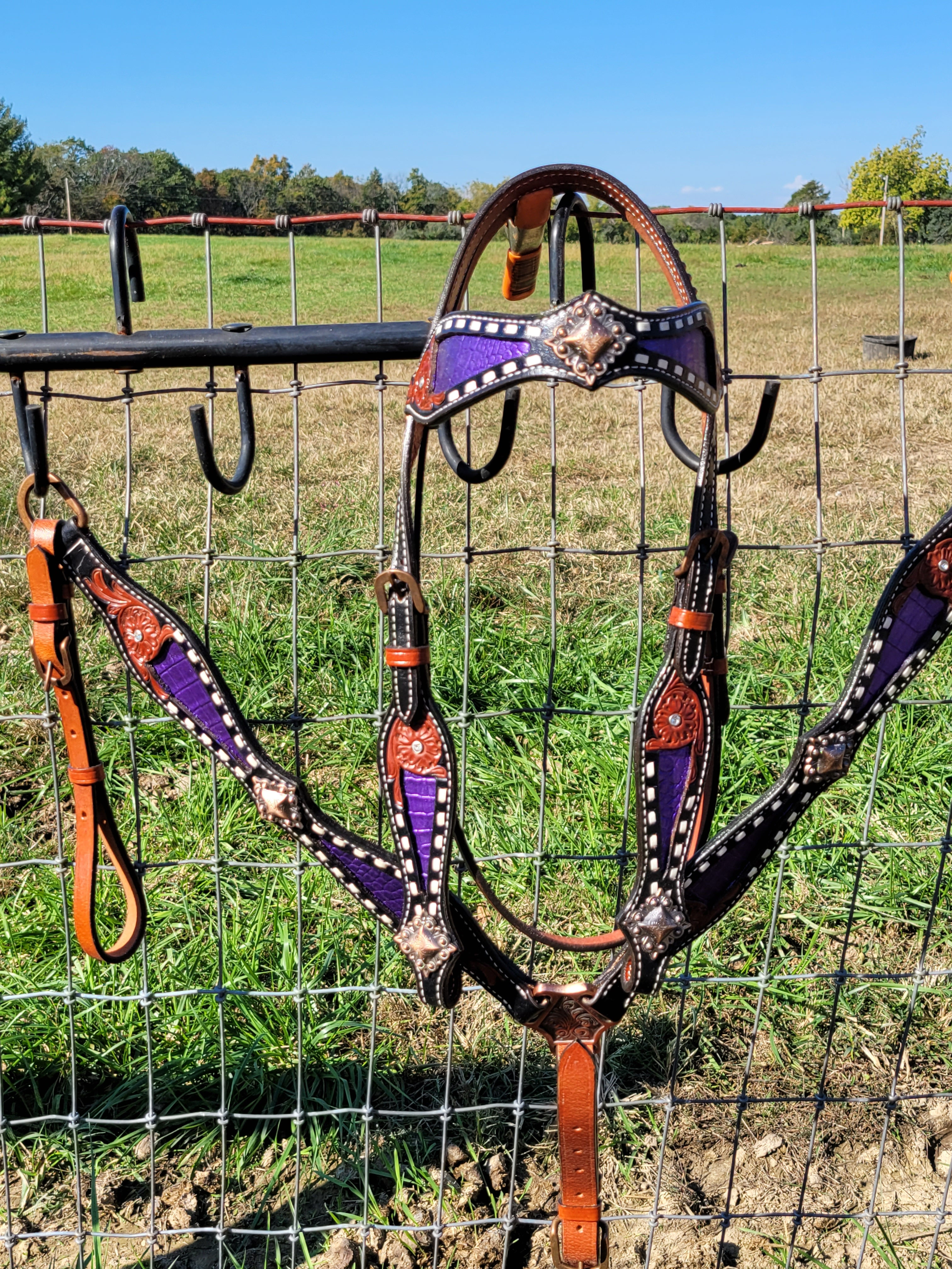 Purple Alligator Gator Inlay White Buckstitch Leather Bridle Breast Collar Set