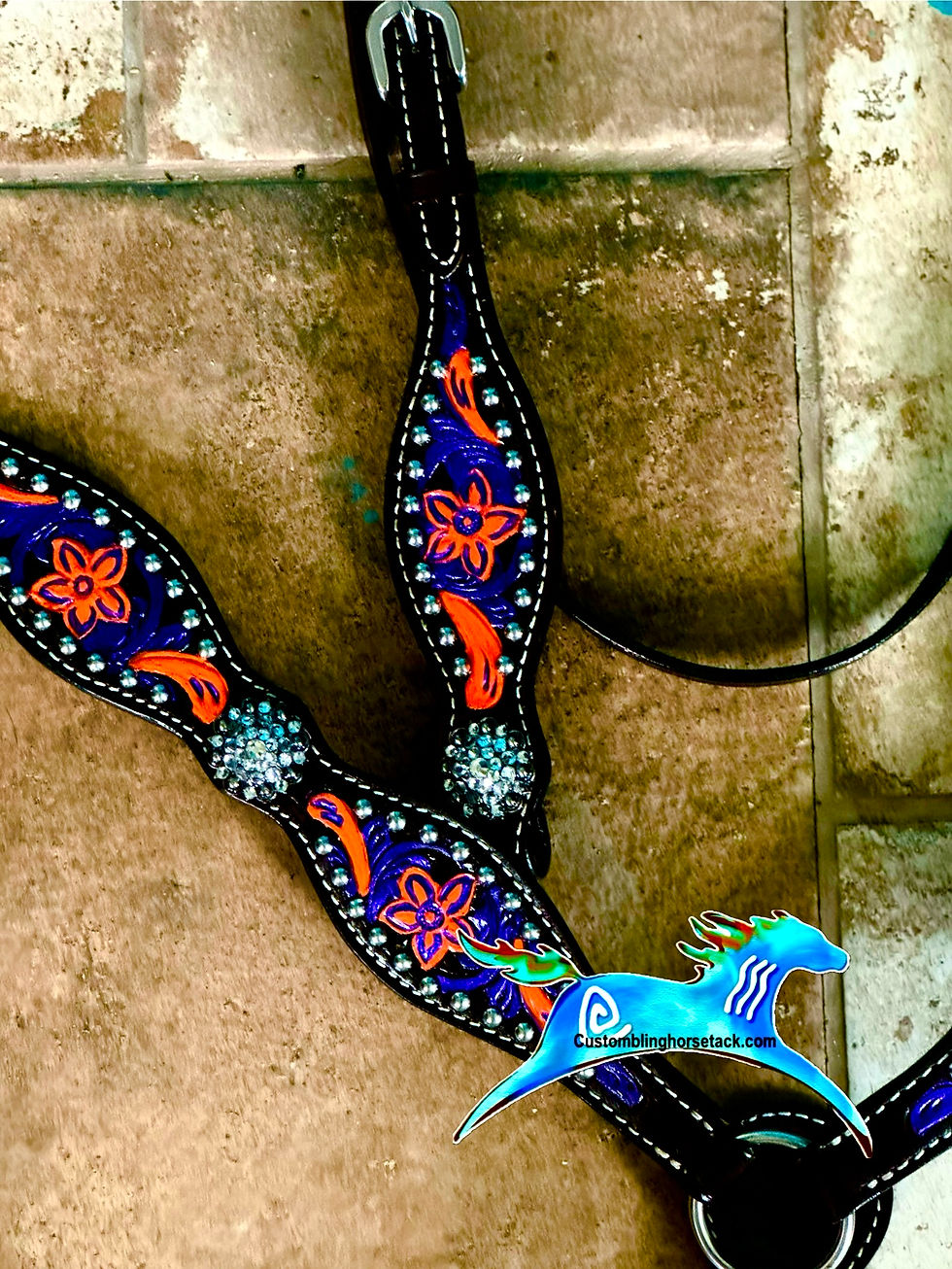 Thumbnail: Orange  & Purple Tooled Bridle Breast Collar Set 