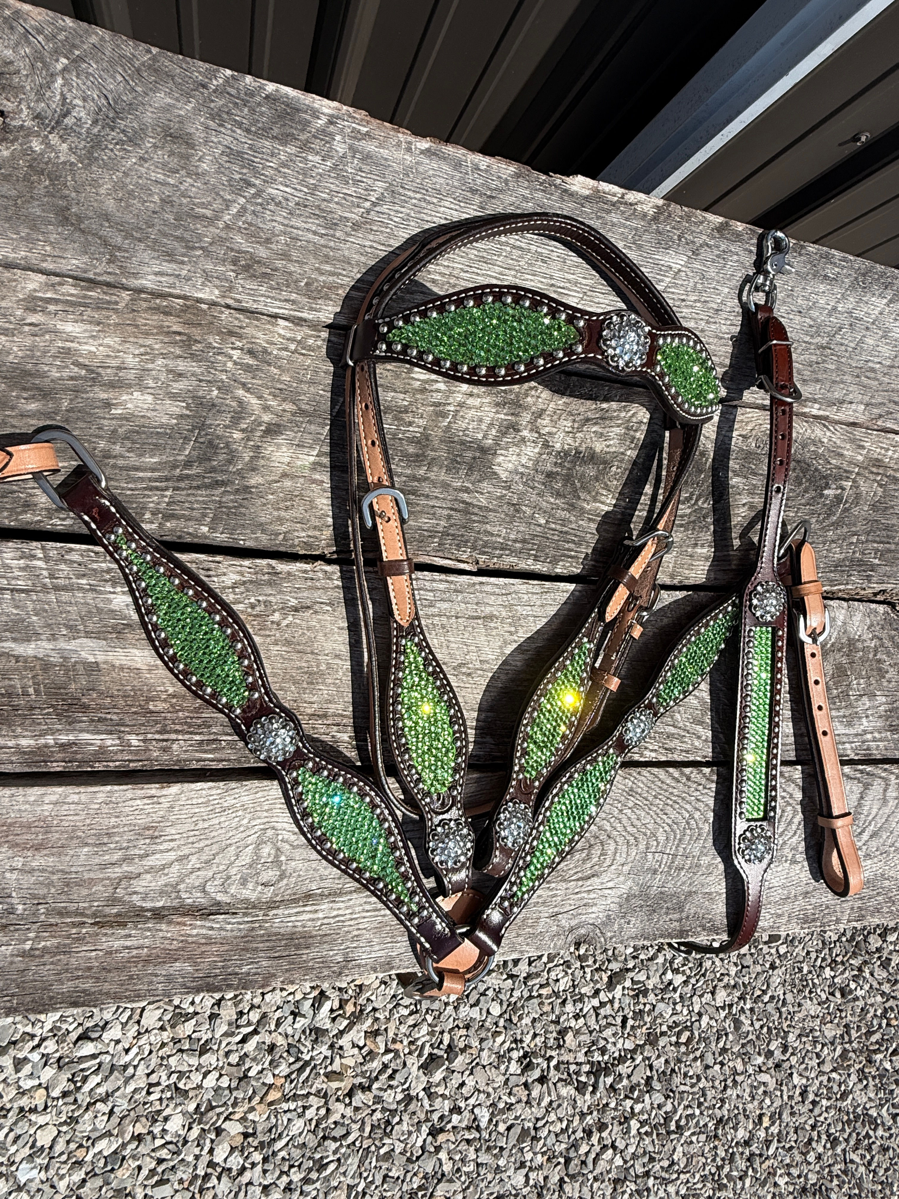 Lime Green Scalloped Crystal Bridle Breast Collar Wither Strap Set