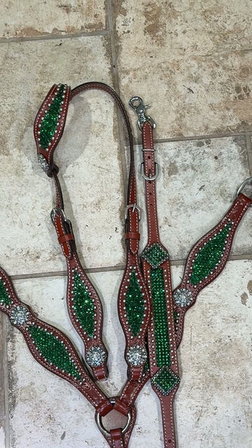 Thumbnail: Emerald Green Rhinestone Crystal Bridle Breast Collar Wither Strap  Set