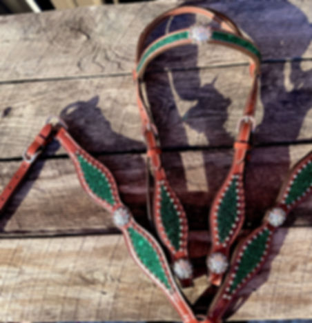 Full Brow Emerald Green Crystal Horse Bridle Breast Collar Set Western Show Tack