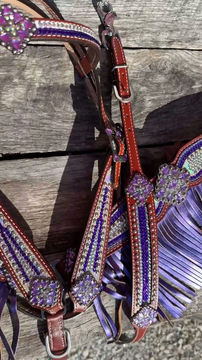 Thumbnail: Full Brow Clear Purple Crystal Bridle Breast Collar w Fringe & Wither Strap Set