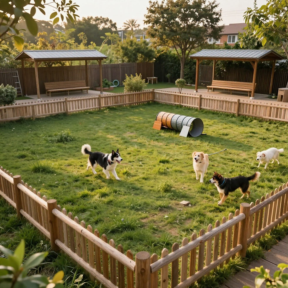 Several dogs playing in a grassy fenced backyard dog park