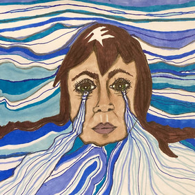 A women floating in her own tears.  Drawing by Christy Guinan.