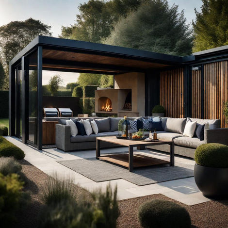 fireplace area with outdoor kitchen in garden design