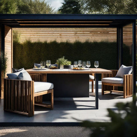 A 3D luxury garden design concept featuring a dining area with wooden furniture under a pergola on a patio area