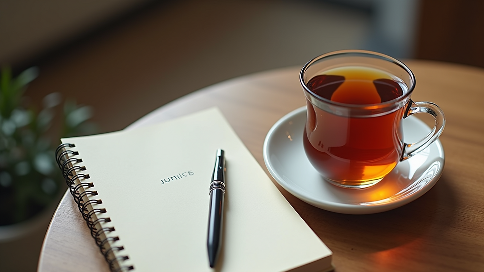 High angle view of a journal and pen beside a cup of tea on a cozy table