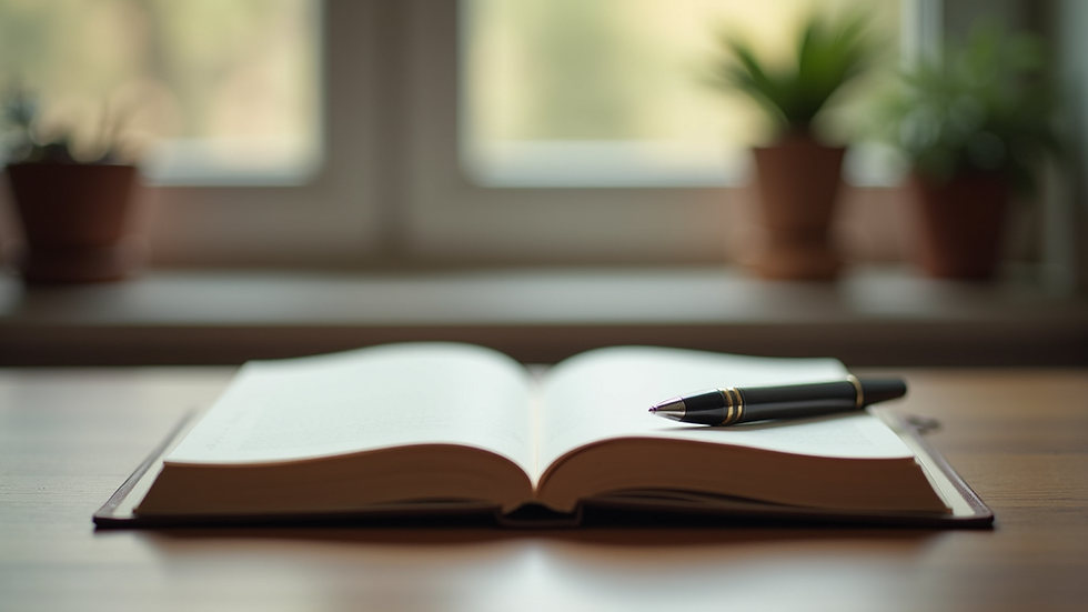 Eye-level view of a peaceful journal and pen on a wooden table