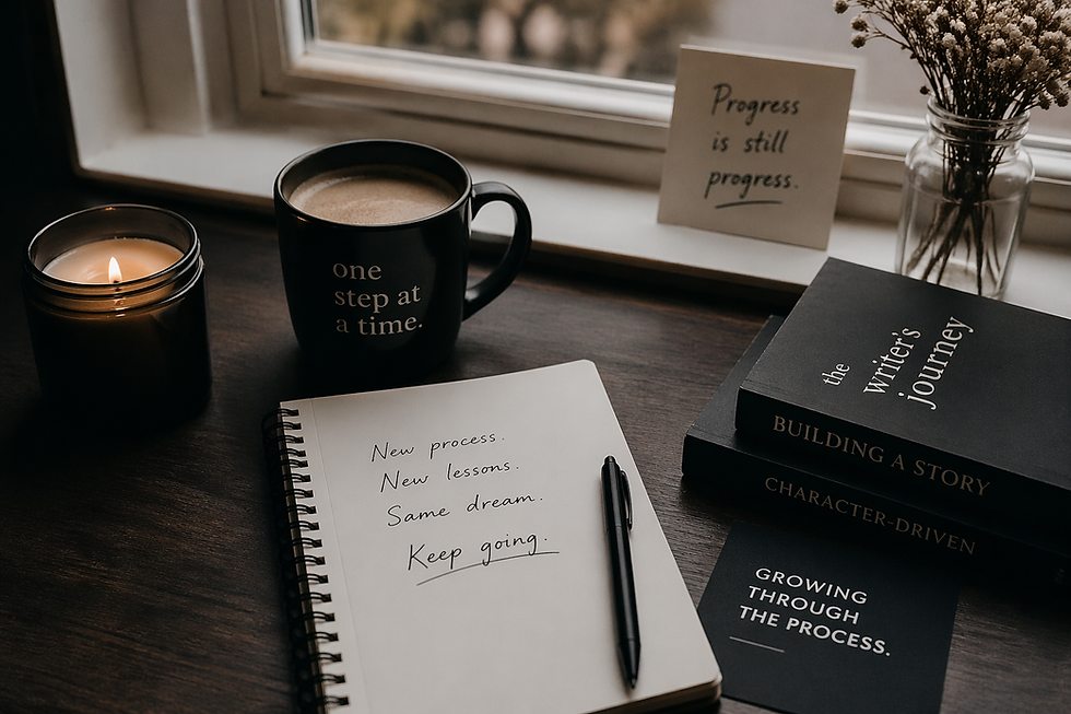 cozy writer workspace with notebook about querying process for new authors natural window light and warm neutral tones