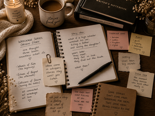 Writer's notebook filled with story ideas, character notes, and plot inspiration surrounded by coffee, books, and writing supplies.