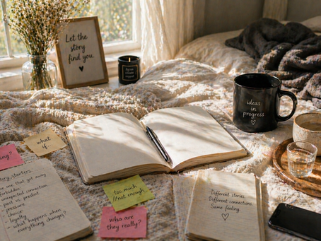 bright natural light cozy bed workspace with notebook sticky notes and pen representing new story ideas for writers