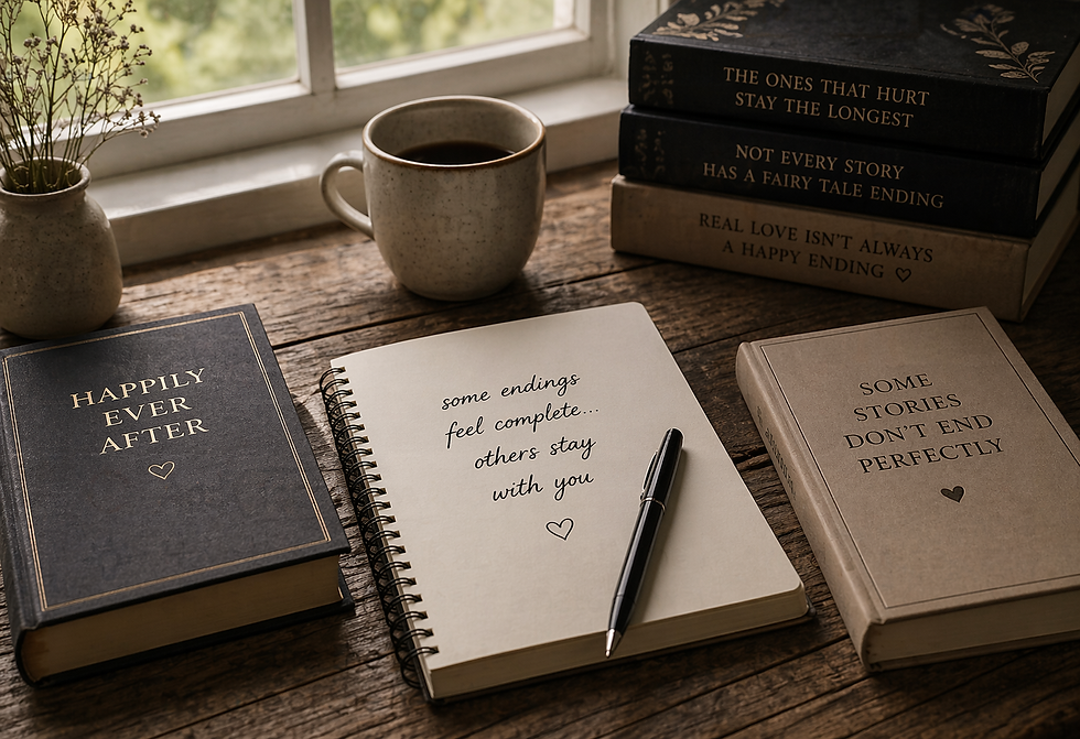 happily ever after vs sad ending books with notebook and natural window light cozy reading aesthetic