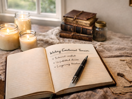 writing emotional tension notebook on wooden desk with candles and natural window light cozy author workspace