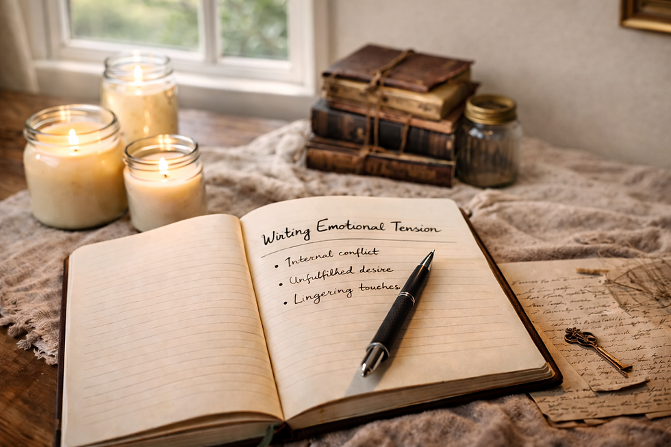 writing emotional tension notebook on wooden desk with candles and natural window light cozy author workspace