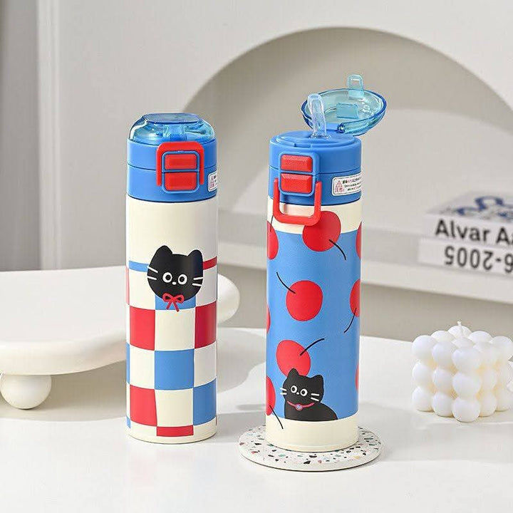 Thumbnail: Pinteresty Cat Cherry Double Sipper Stainless Steel Water Bottle ( 1pc )