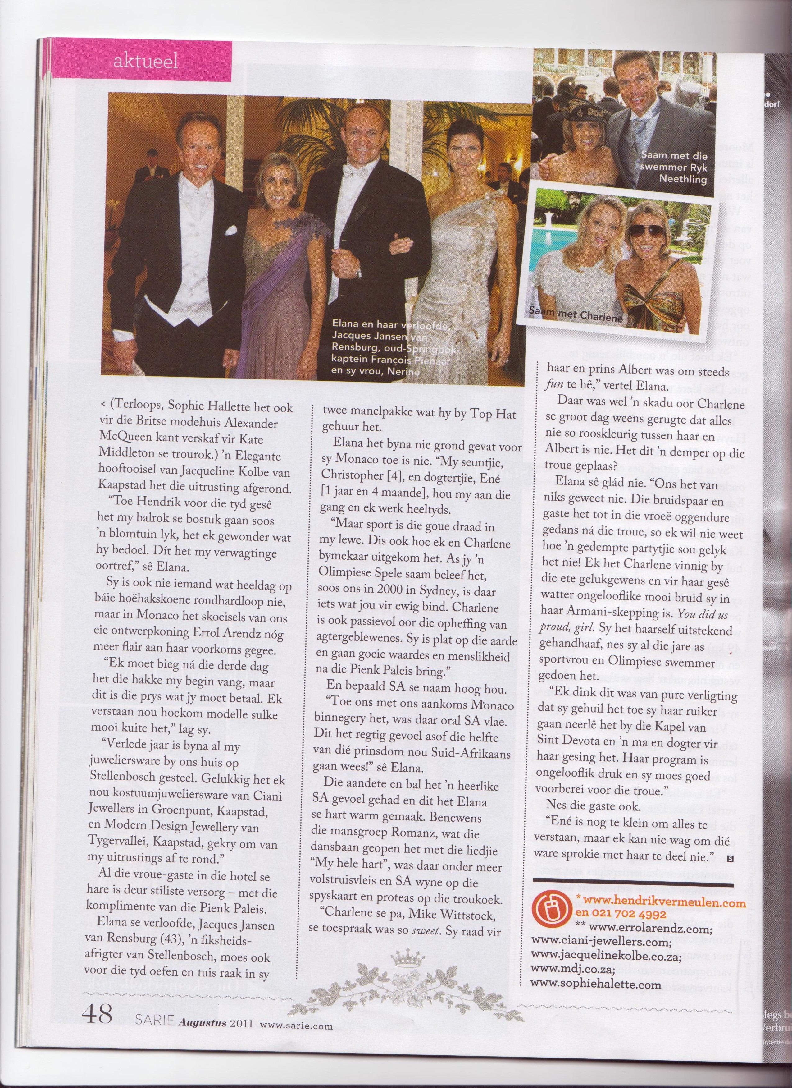 Elana Meyer's wardrobe by Hendrik Vermeulen for the Princely wedding in Monaco