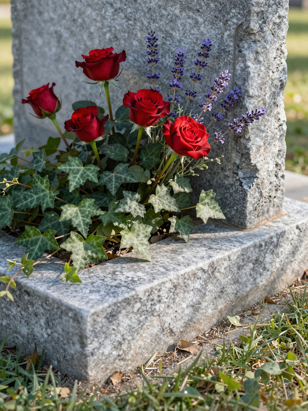 Red roses and ivy for Washtenaw gravesite care.