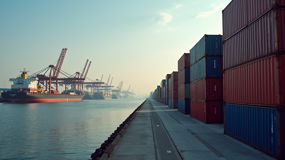 High angle view of a busy shipping port with containers stacked high