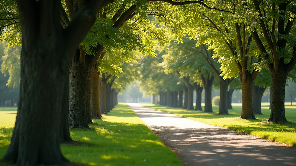 Eye-level view of a serene park with lush greenery