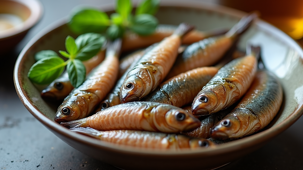 Eye-level view of a bowl of marinated anchovies ready to serve