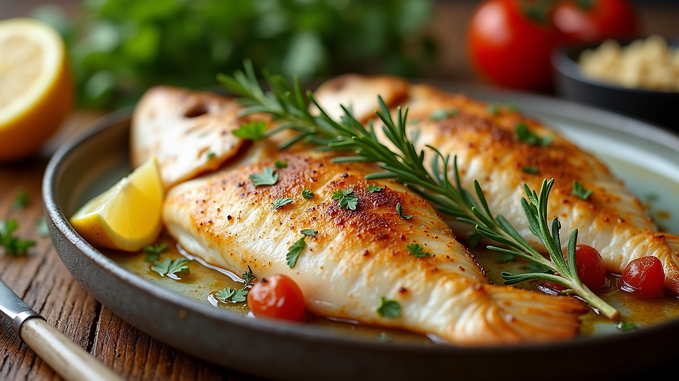 Close-up view of Mediterranean baked fish garnished with lemon and herbs