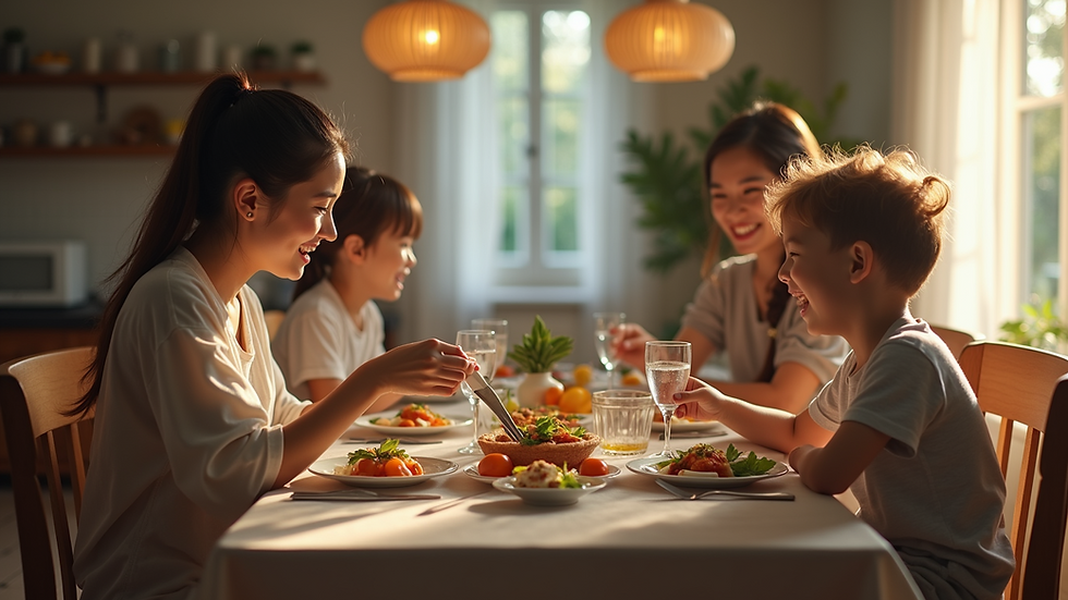 Wide angle view of a family gathered around a dining table filled with food
