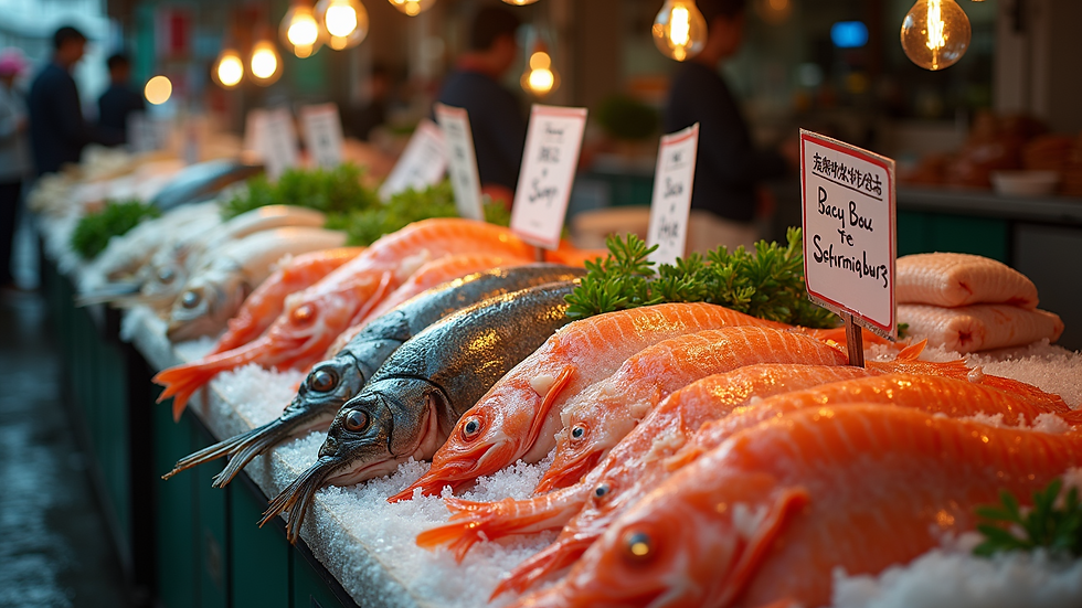 High angle view of fresh seafood displayed in a traditional market