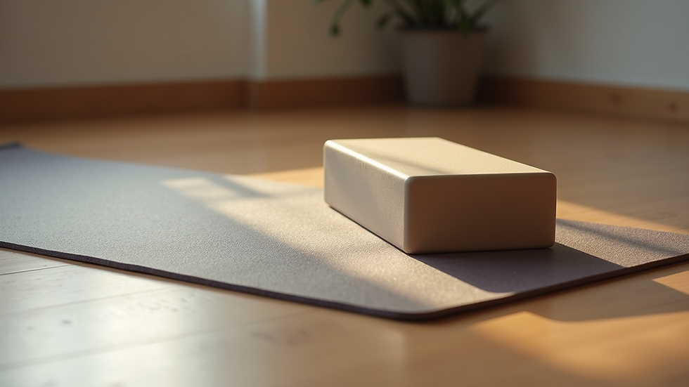 Eye-level view of a yoga mat and a single yoga block on a wooden floor