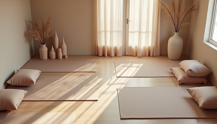 High angle view of a neatly arranged yoga studio corner with mats, blocks, and cushions