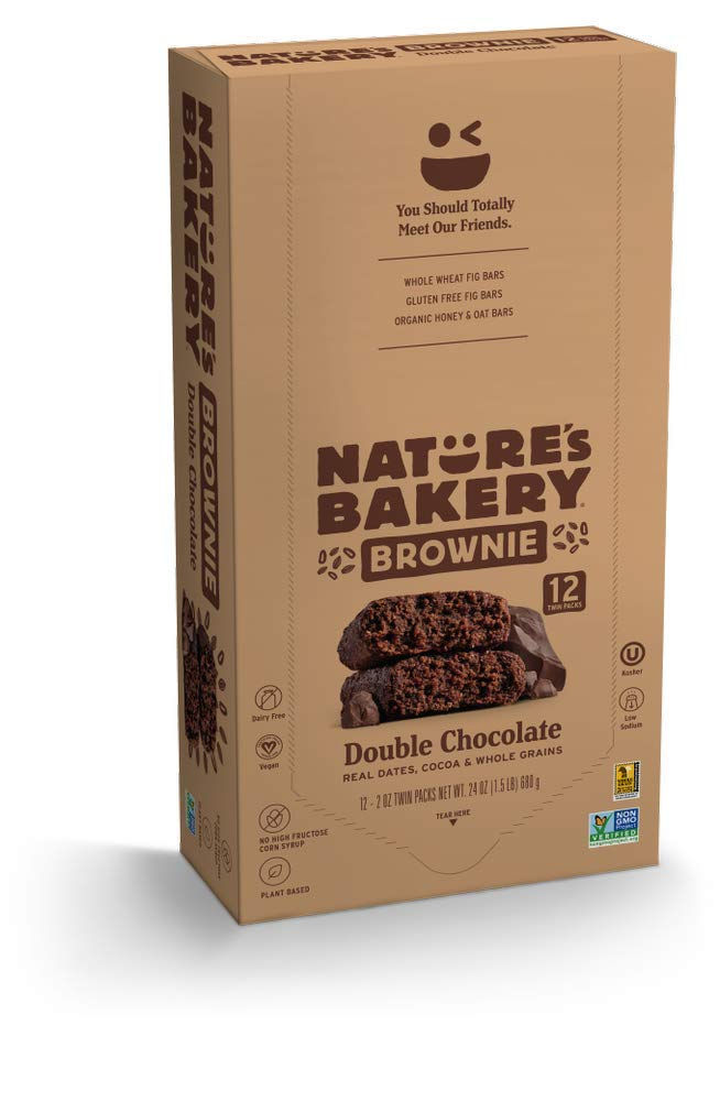 "Nature’s Bakery Whole Wheat Fig Bars Double Chocolate Brownie box with 12 twin packs wholesale vegan non-GMO snack bars for