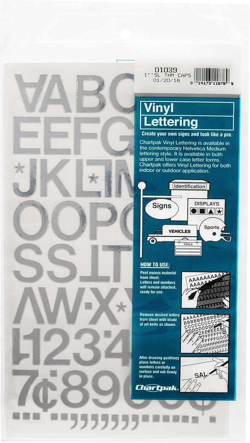 Chartpak Self-Adhesive Vinyl Capital Letters and Numbers 1 Inch Silver Wholesale 88-Pack