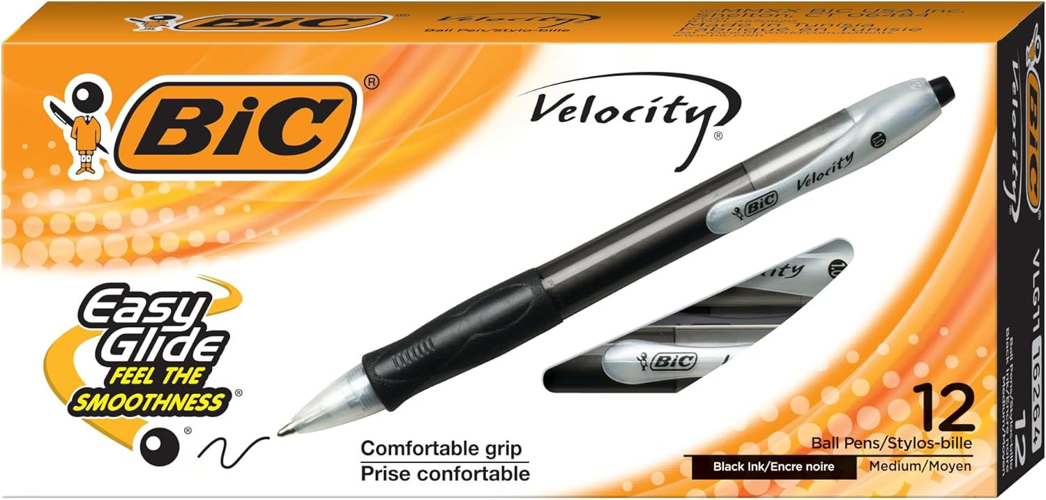 Bulk BIC Velocity Retractable Black Ballpoint Pens 12-Pack – Wholesale Medium Point 1.0mm Pens with Comfortable Grip for Reta