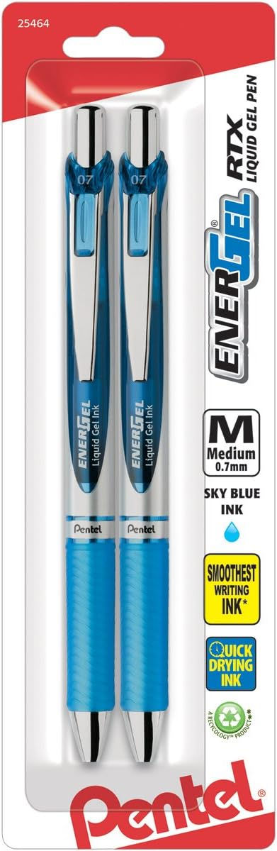 Pentel EnerGel Deluxe RTX Retractable Gel Pens Medium Line Sky Blue Ink 2-Pack Wholesale Case