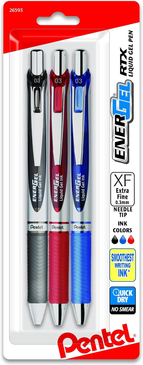 Pentel EnerGel RTX Retractable Gel Pens 0.3mm Needle Tip Extra Fine Line Assorted Ink 3-Pack Wholesale Case