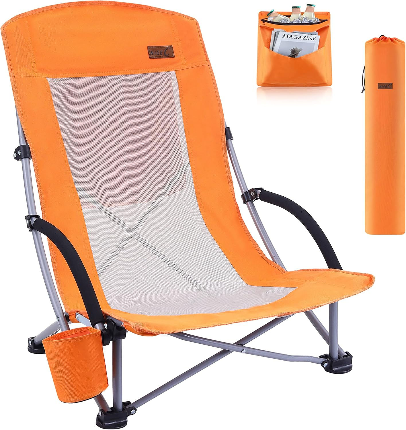 Nice C Beach Chair in Sweet Orange – High Back, Cooler, Cup Holder, Carry Bag – Heavy Duty Outdoor Chair for Camping, Picnic,