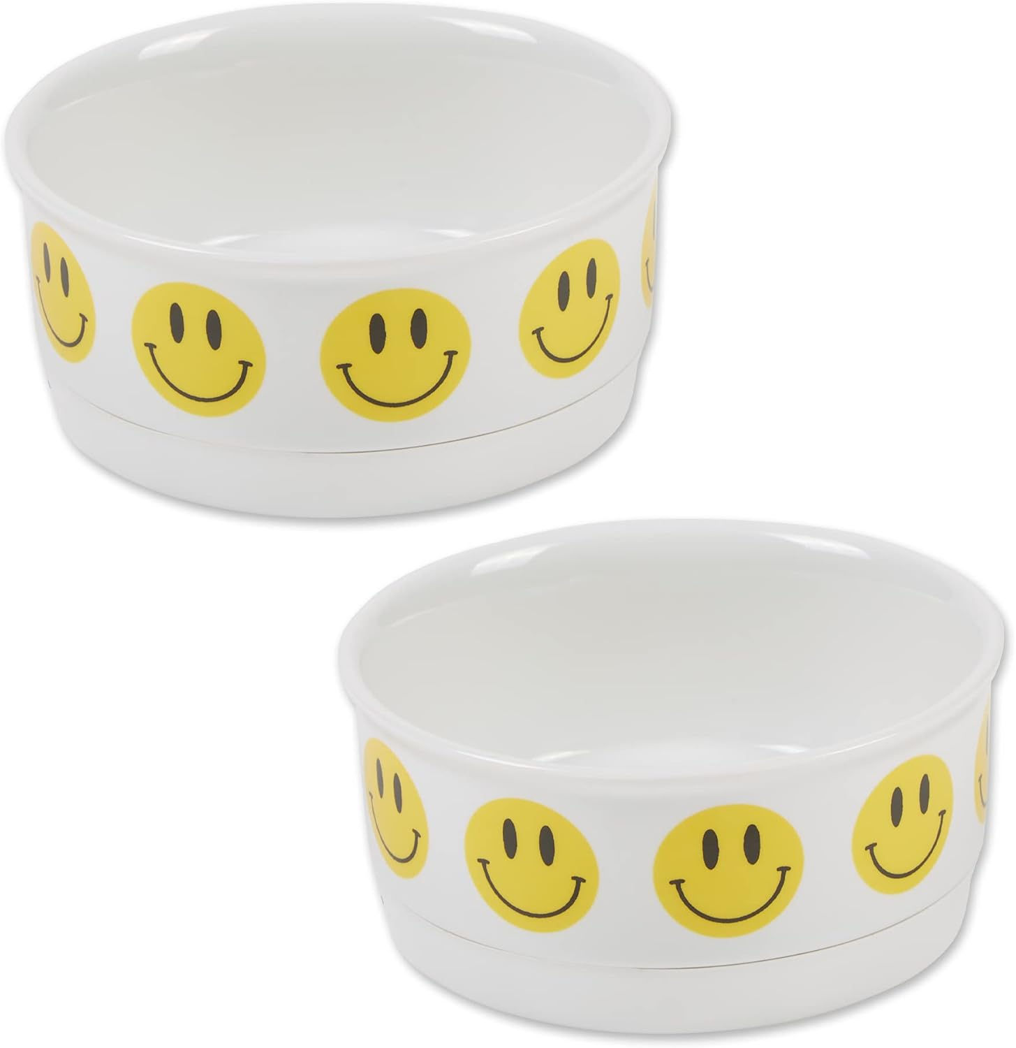 Bone Dry Ceramic Food Bowls Non-Slip Dishwasher Safe Dog Bowl Set Smiley Face Small 2 Count