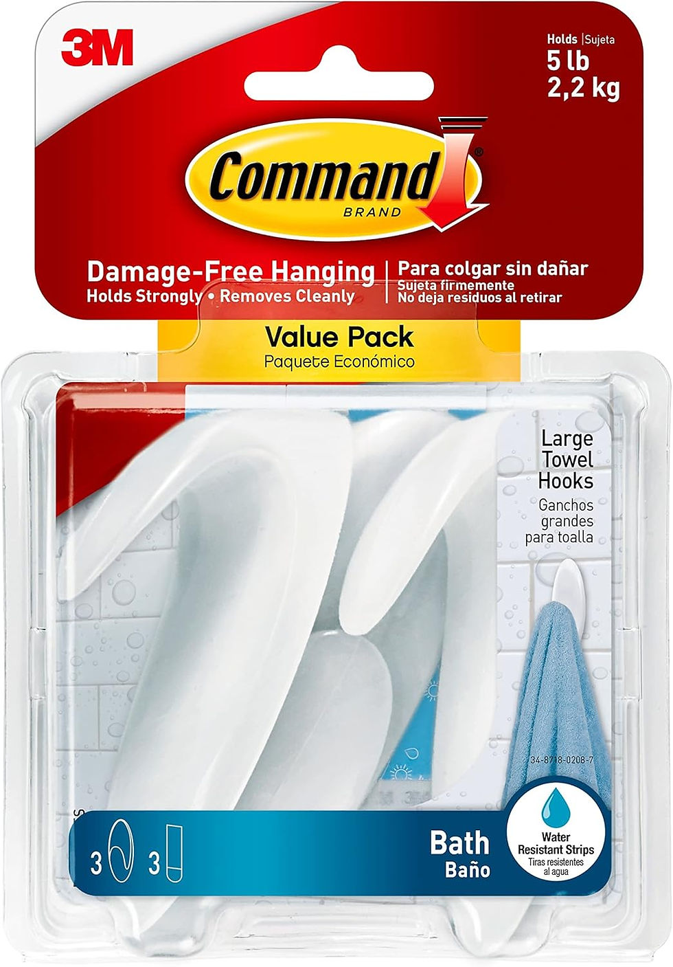 Command Bath Large Towel Hook Value Pack – Wholesale Clear Frosted 3 Hooks, Damage-Free Wall Mount