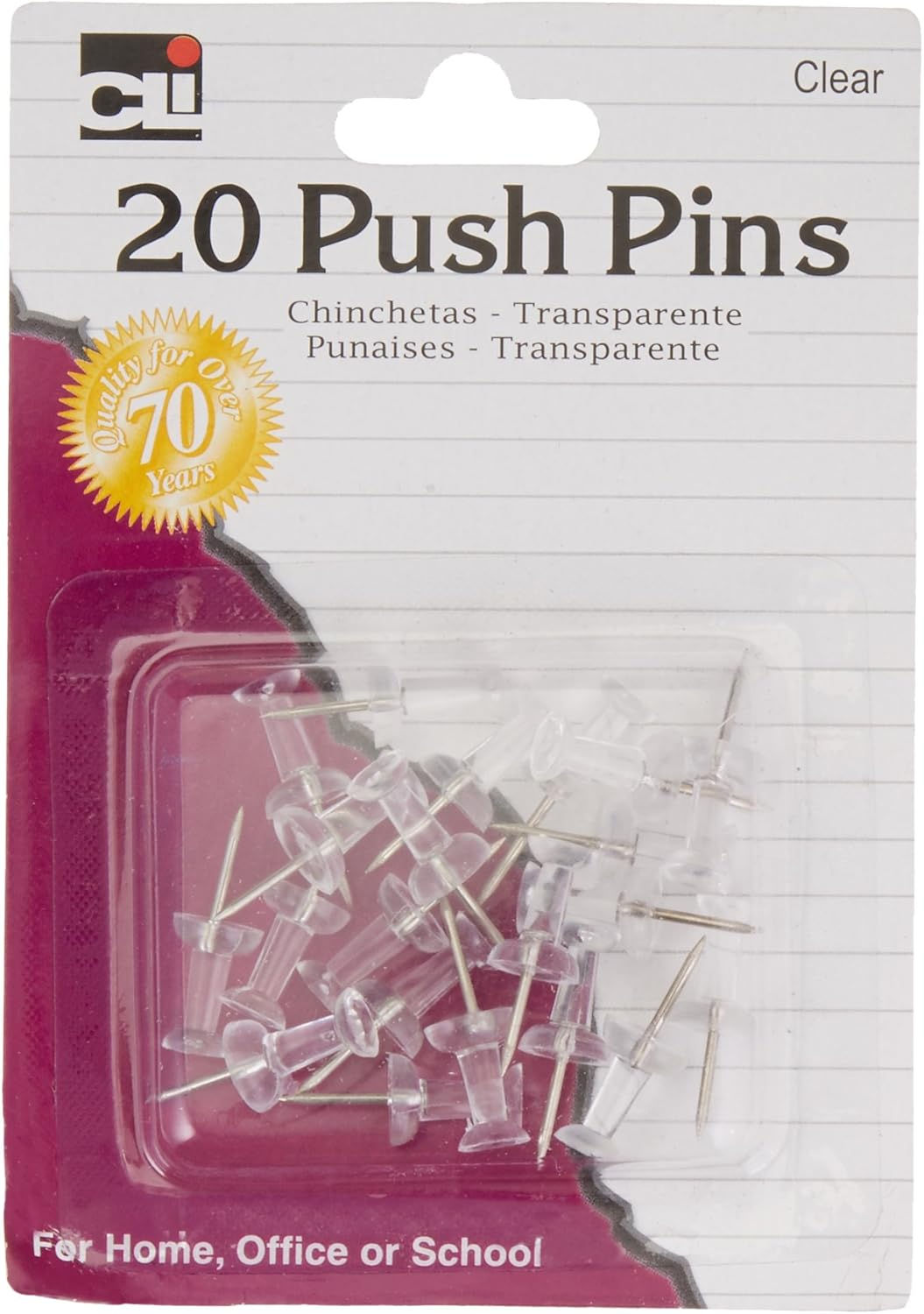 Wholesale Charles Leonard Clear Push Pins 20 Pack for Resellers and Retailers