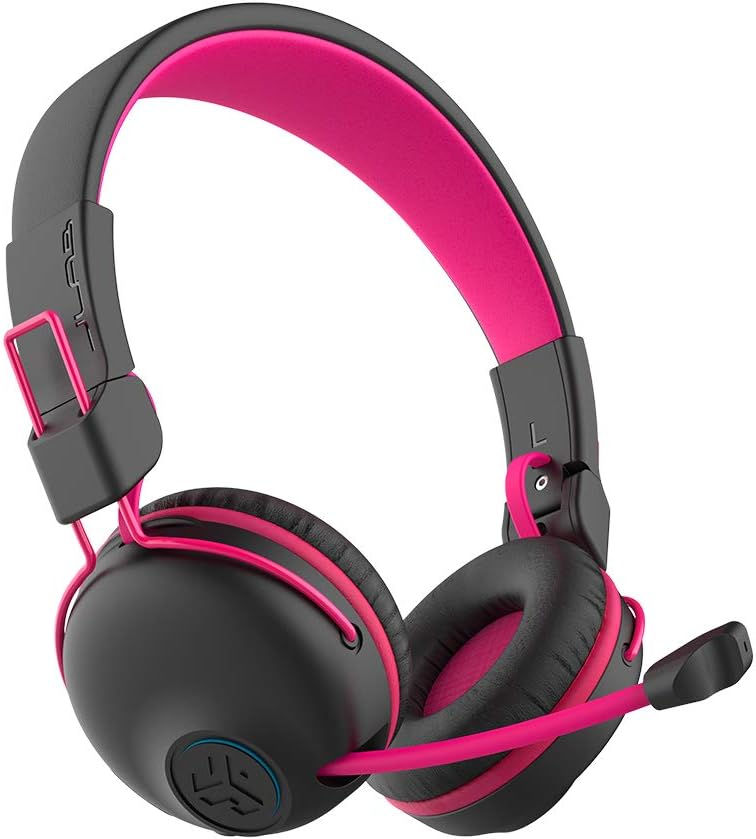 JLab JBuddies Play wireless kids gaming headset in pink, 22+ hour Bluetooth, retractable mic, bulk wholesale for Amazon, eBay