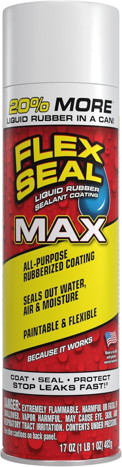Flex Seal MAX 17 oz white rubber spray sealant, waterproof, stops leaks instantly, ideal for gutters, wood, RVs, roofs, bulk