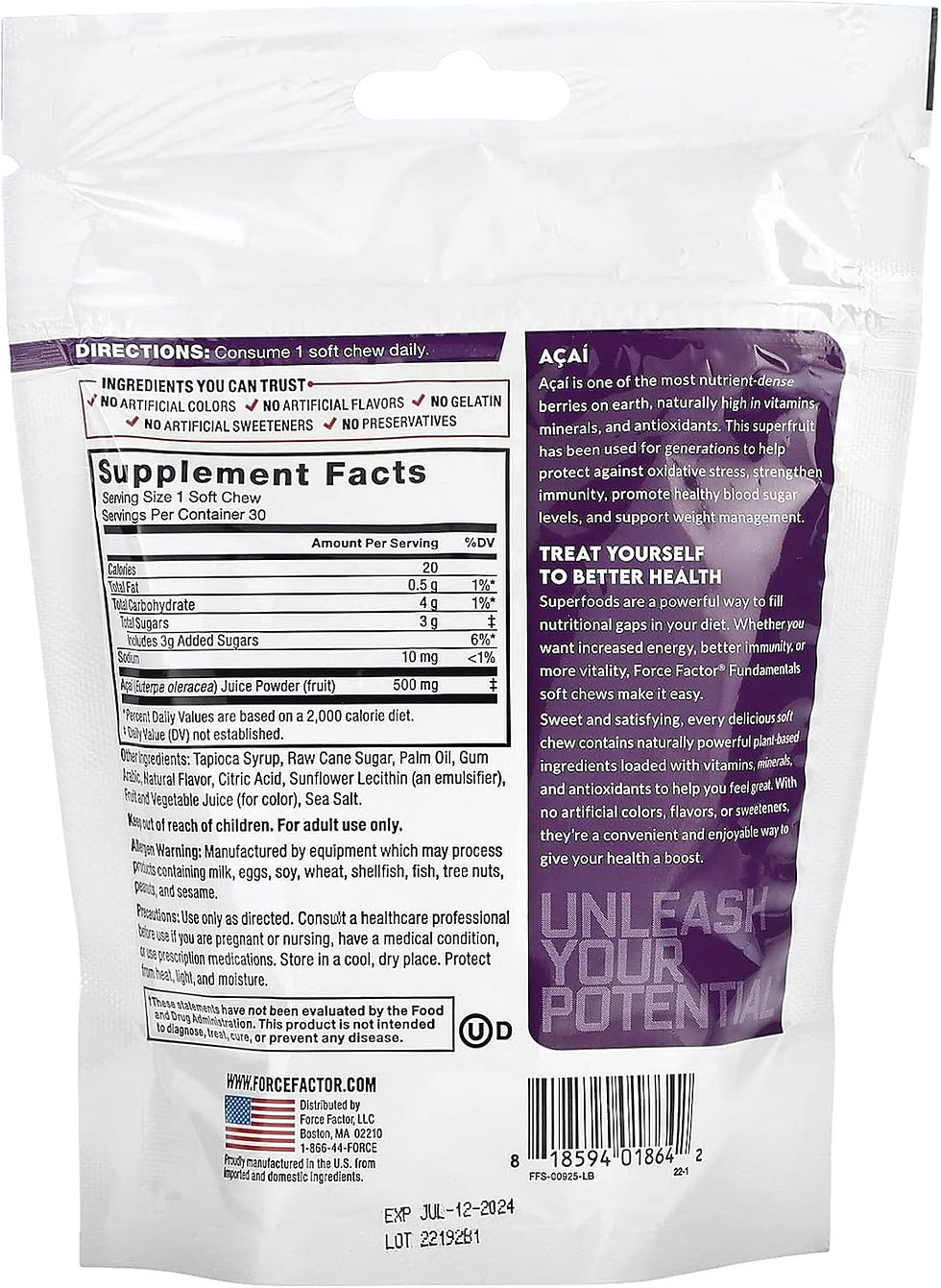 Thumbnail: Force Factor Acai Soft Chews 30 Count – Wholesale Immune Support & Antioxidant Superfood Supplement, Non-GMO, Vegan, Gluten-F